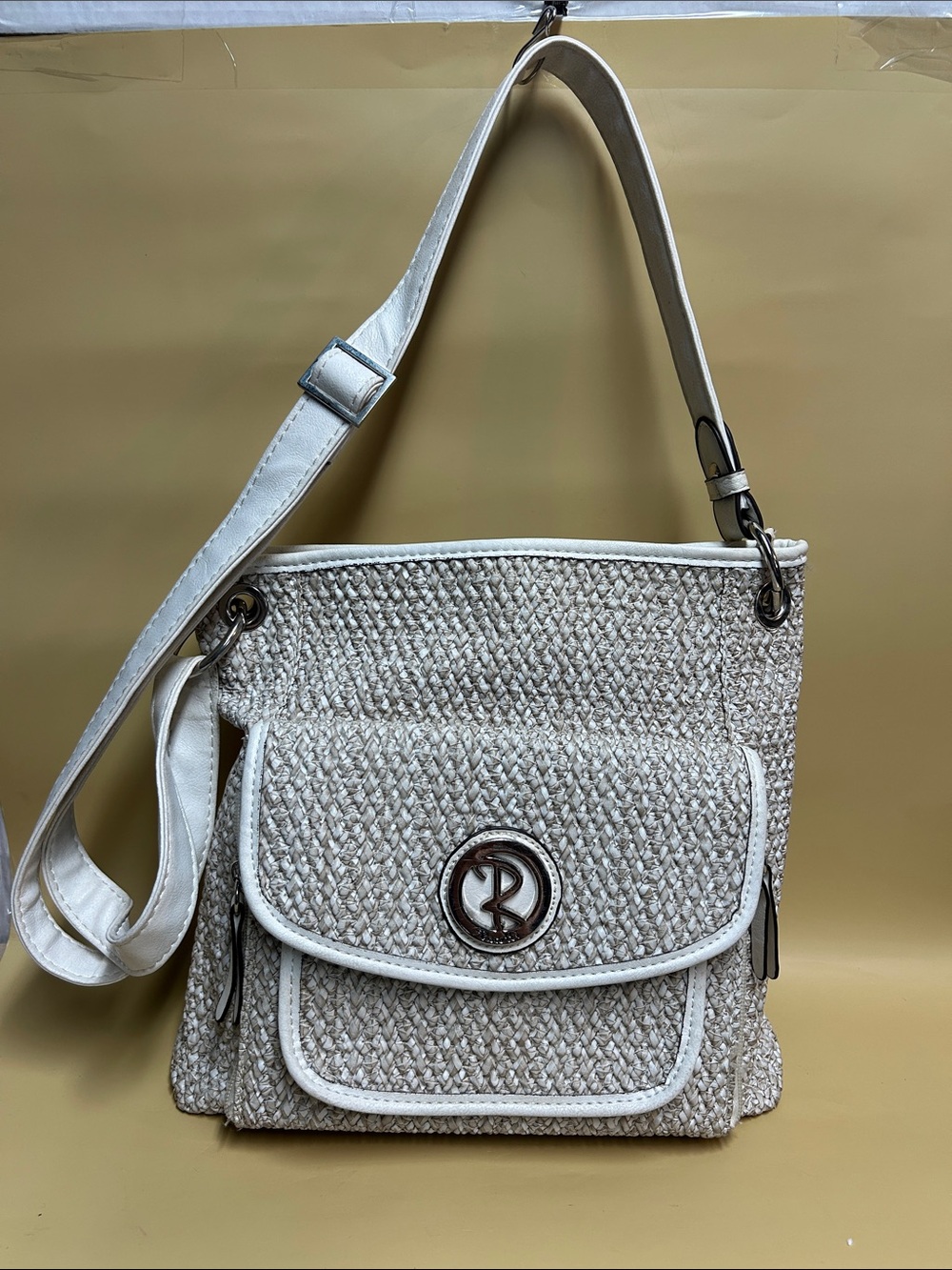 Rosetti Cream Woven Crossbody Shoulder Bag with Front Pocket